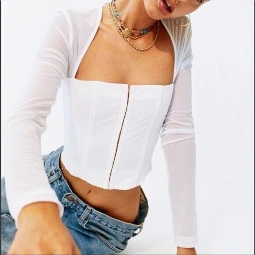 With Jean White Al Corset Top Hook Eye Closure Cap Sleeve Sheer Womens Large